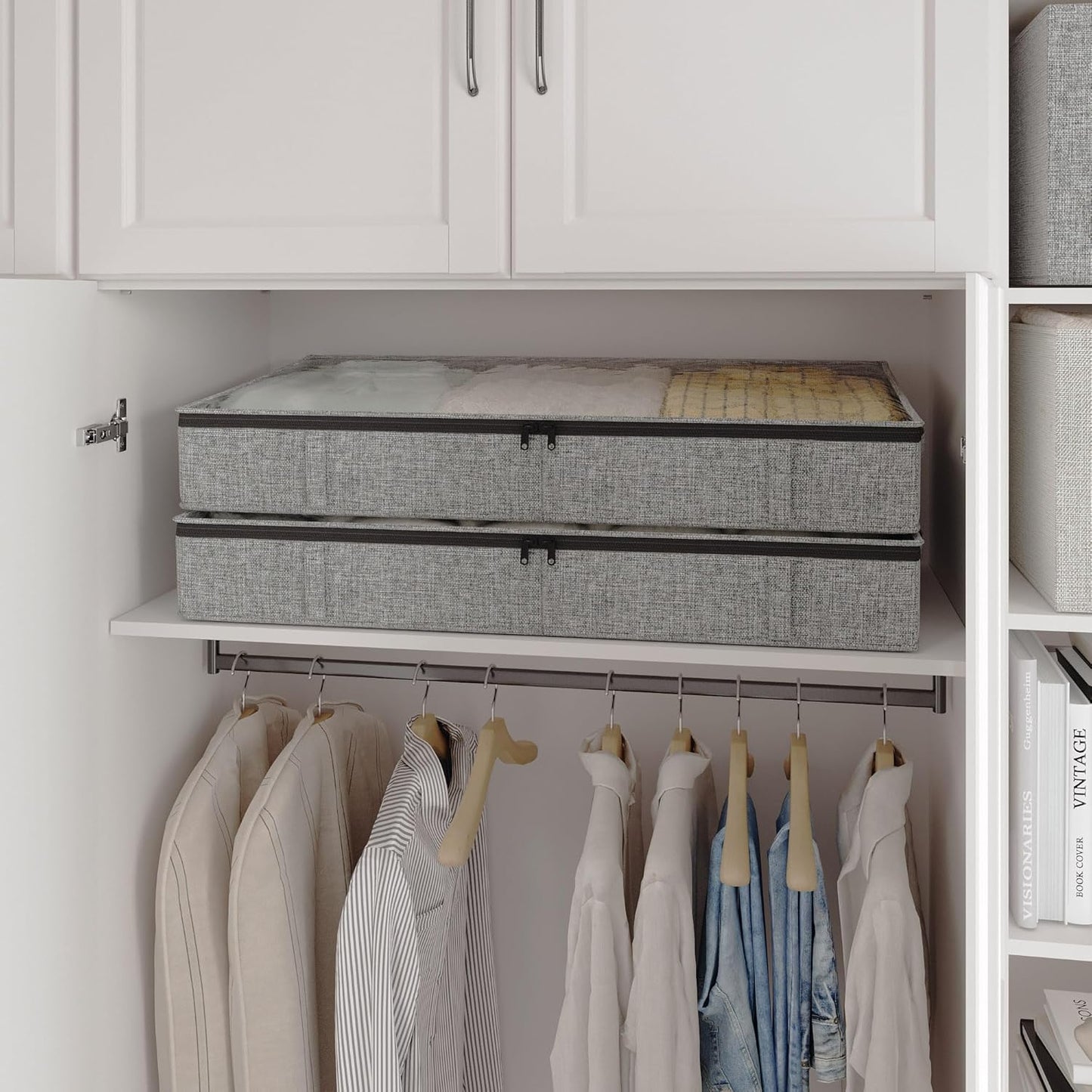 Gray Low Profile Under Bed Storage Containers 5 inches high, 33.8"x 17.7"x 5.1", Sturdy Underbed Shoe Storage Organizer, Foldable Fabric Under the Bed Storage Bins - Pack of 2