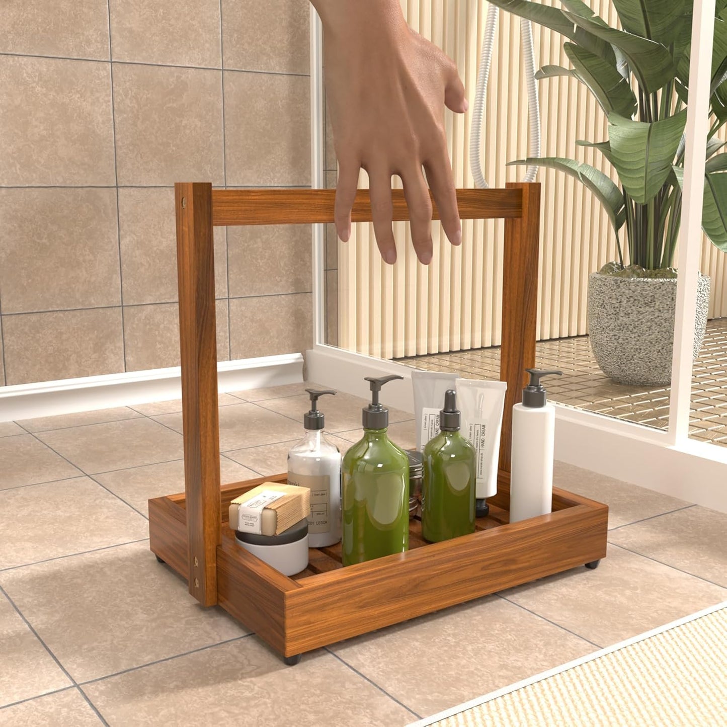 Teak Organizer for Bathroom Kitchen - Use as Shower Caddy Towel Holder Toilet Paper Storage Fruit Basket Spice Rack with Non-Slip Base