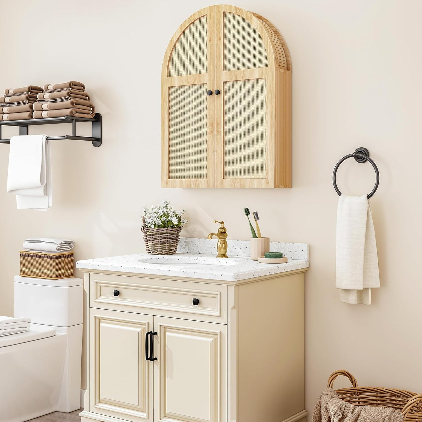 Turtle Myrtle Bathroom Medicine Cabinet Wall Mounted, Arched Wall Cabinet with Adjustable Shelf & Doors, Floating Cabinet for Wall Over The Toilet Storage Cabinet Space Saver,Natural