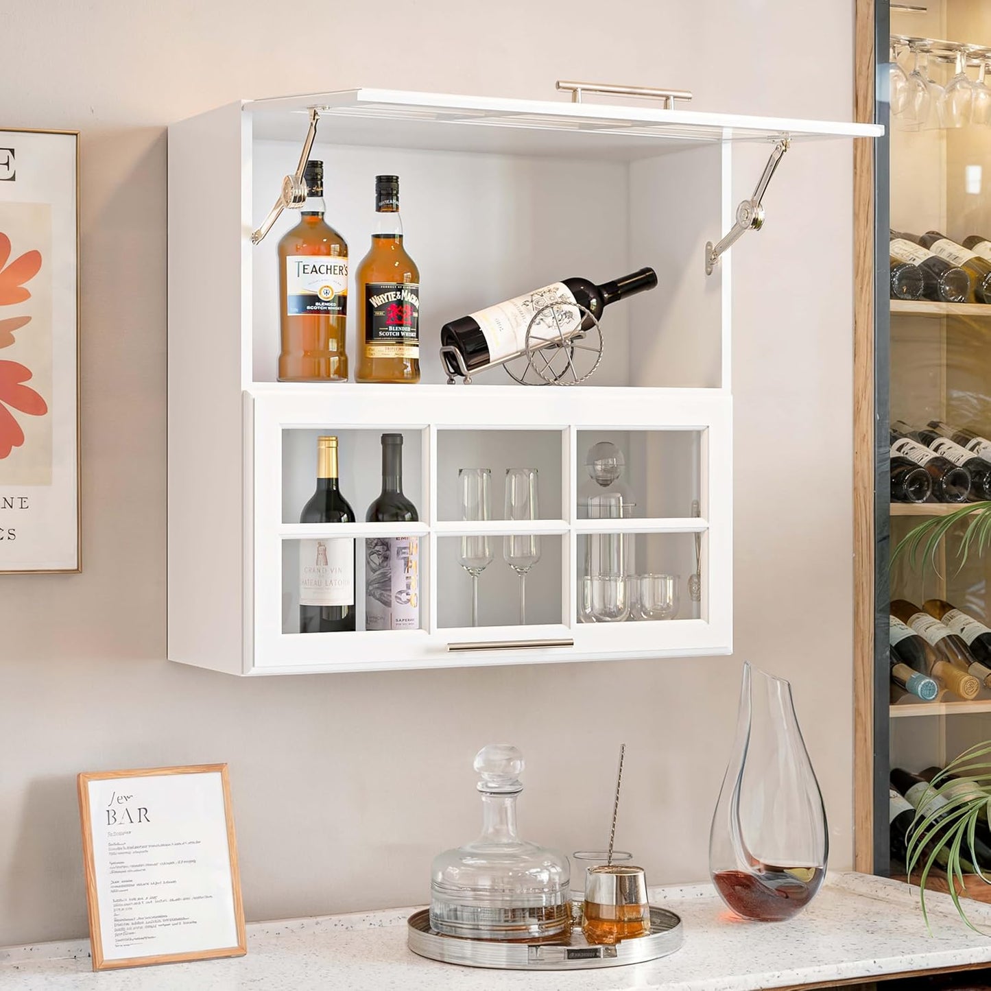 FIMELLO 59’’ Laundry Room Cabinets Wall Mounted, Kitchen Wall Cabinet, Bathroom Wall Cabinet, Hanging Display Cabinet, Adjustable Shelf, Glass Door, White