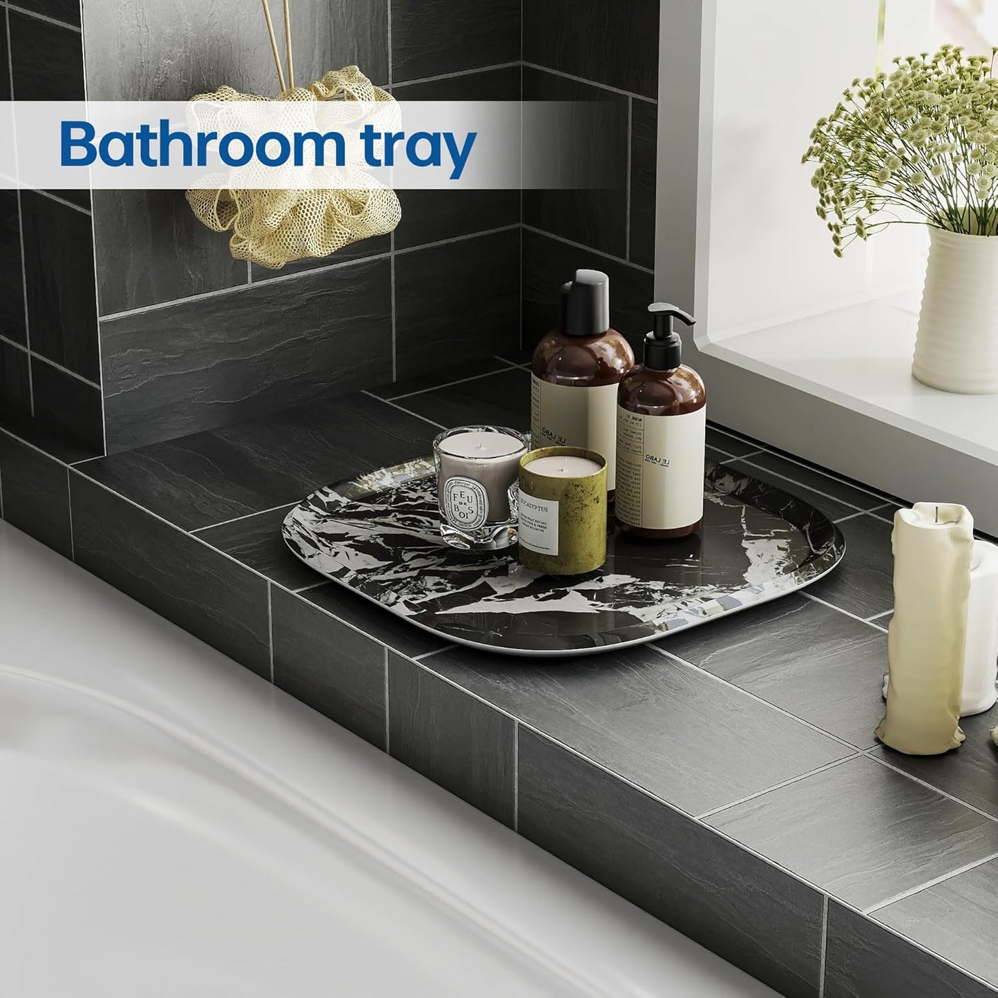 Vanity Decorative Glass Tray,12" x 12" Black Marble Pattern Perfume Tray, Bathroom Tray Countertop Organizer for Soap Towel, Jewelry, Candle