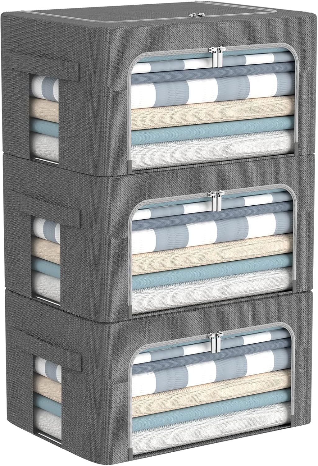 3Pack Foldable Storage Bins - Frame Storage Box Linen Fabric Stackable Clothes Container Organizer with Clear Window & Carry Handles Large Capacity (Small-22L, Dark Gray)