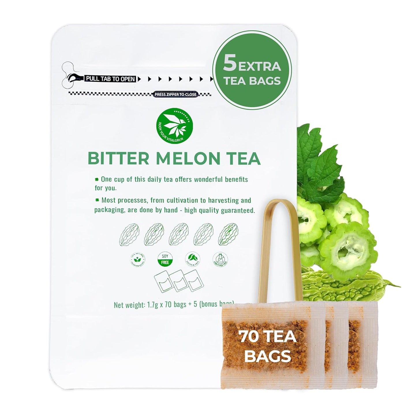 Bitter Melon Tea Bags - 70 Count (+5 Tea Bags), 4.2 oz, Bamboo Tong Included, Pure Bitter Gourd Herbal Blend for Refreshing, Digestion & Inner Health Support, No Sugar, No Caffeine