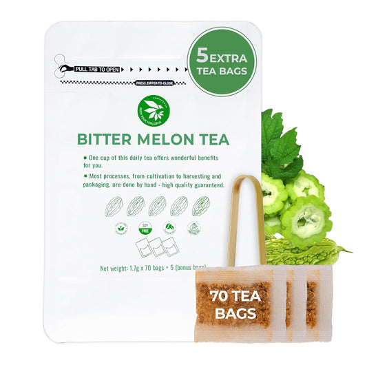 Bitter Melon Tea Bags - 70 Count (+5 Tea Bags), 4.2 oz, Bamboo Tong Included, Pure Bitter Gourd Herbal Blend for Refreshing, Digestion & Inner Health Support, No Sugar, No Caffeine