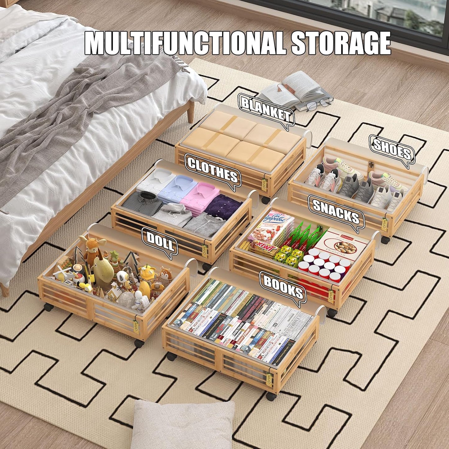 Under Bed Storage Containers with Wheels, Larger Bamboo Wood Under Furniture Storage Containers with Dust Bags，Rolling for Shoes Clothes