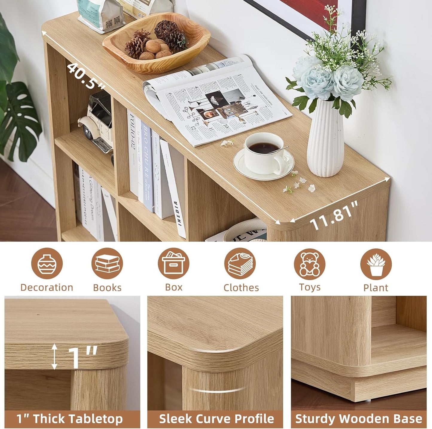 9 Cube Storage Book Shelf, 41" Tall Organizer Bookshelf with Curved Edge, Floor Standing 3-Tier Wood Cubby Bookcase with Base, Modern Display Book Case for Living Room, Home Office,Natural Oak