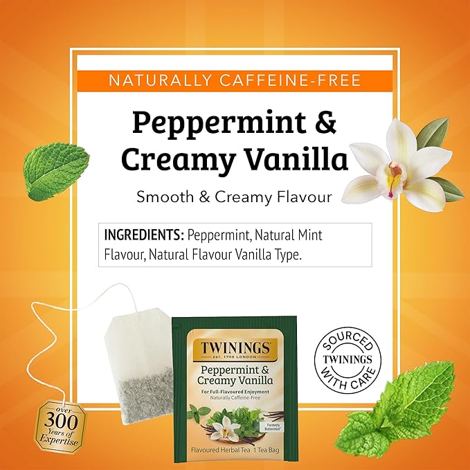 Twinings Peppermint & Creamy Vanilla Herbal Tea Individually Wrapped Bags, 20 Count (Pack of 2), Formerly Buttermint, Naturally Caffeine-Free, Enjoy Hot or Iced