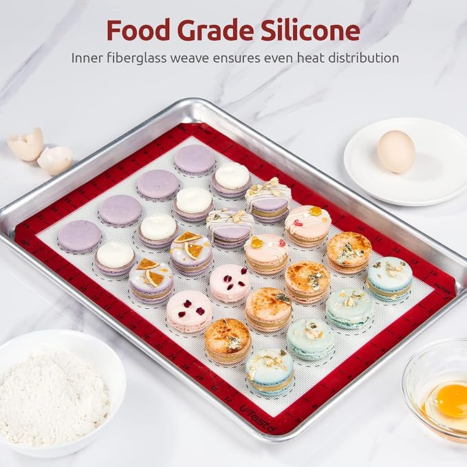 446ºF Heat Resistant Macaron Mat: U-Taste 14.17x9.44in Non Stick Silicone Baking Mat, Reusable Cookies Pastry Sheet Liner with Edge Enhancement & Circle Measurement for Cake Pan (Red)