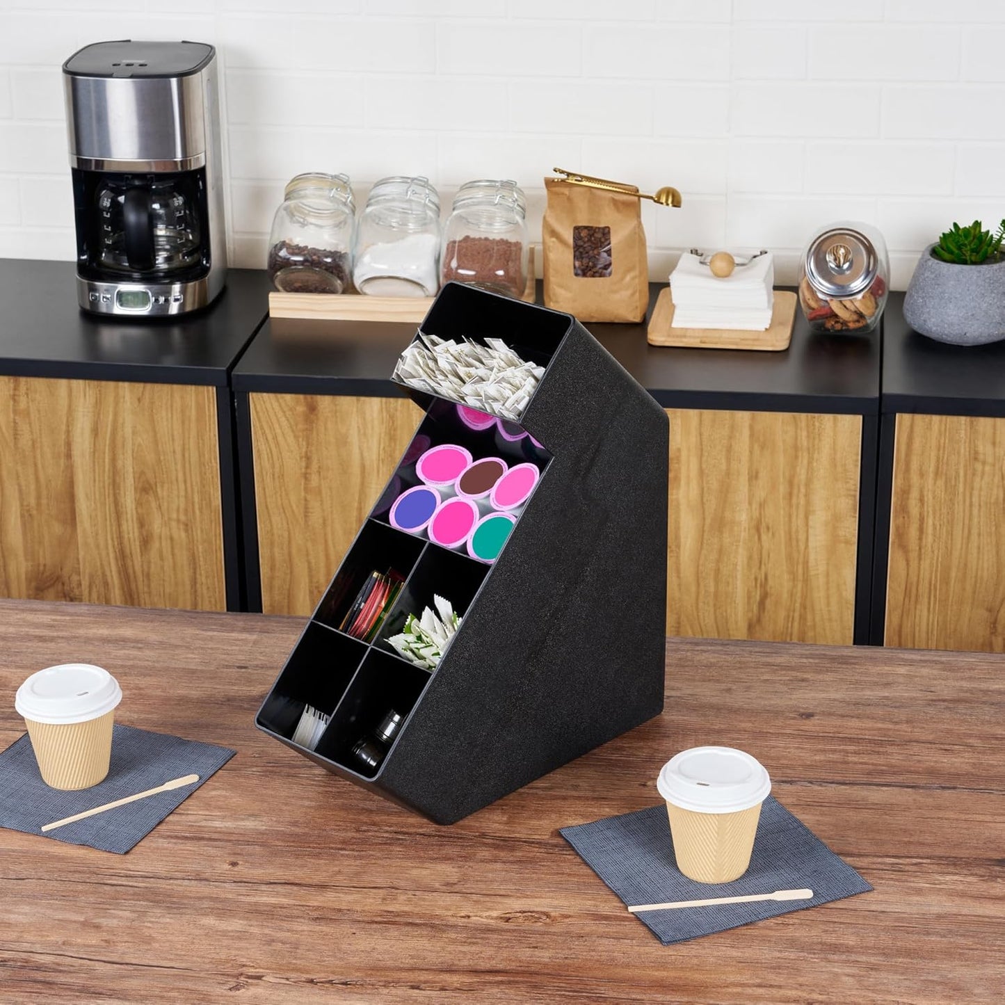 Restaurantware Restpresso Coffee Bar Organizer, 1 Count Durable 6 Compartments, Compact Size, Black Plastic Tabletop Coffee Supplies Organizer For Homes, Office Spaces, Breakrooms, and Lounges