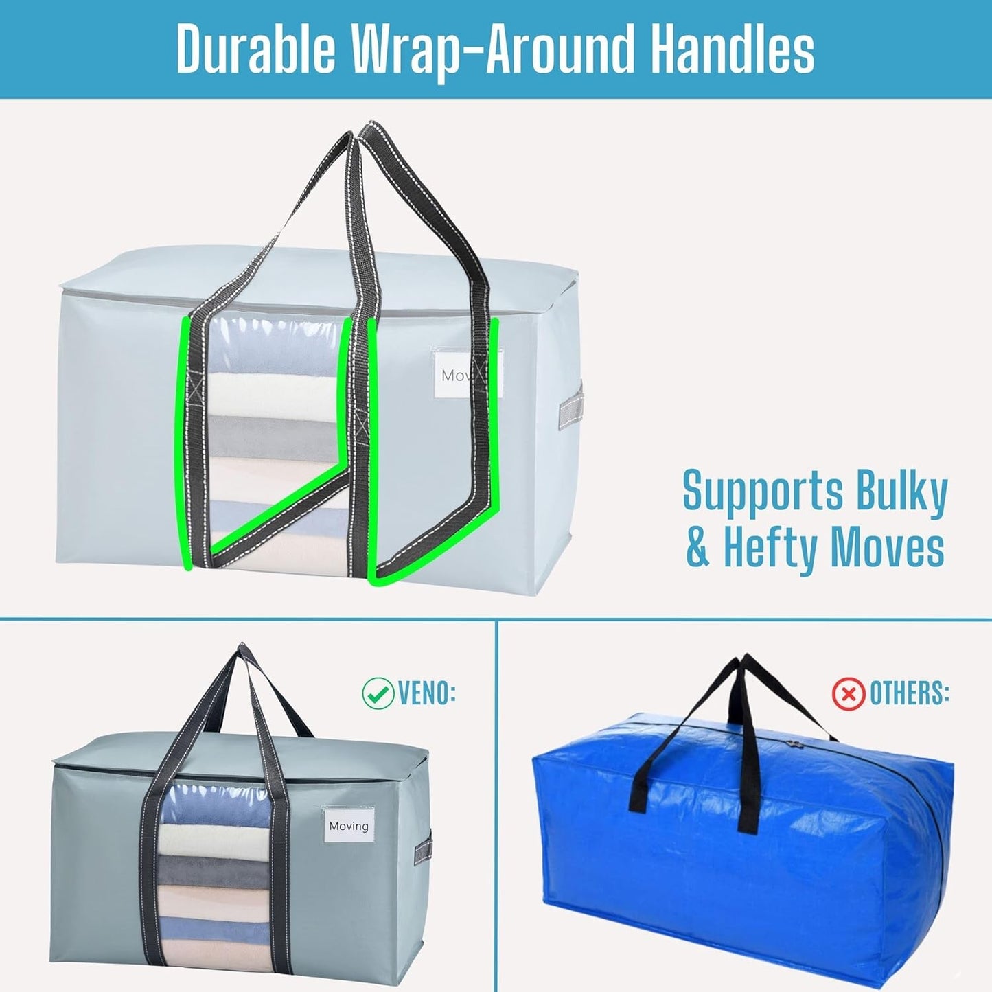 VENO 6 Pack Moving Bags, Moving Supplies, Moving Boxes, College Packing Storage Boxes with Lids Alternative, Heavy Duty Totes, Extra Large, Sturdy Handles, Zipper (Light Blue with Window, 6 Pack)