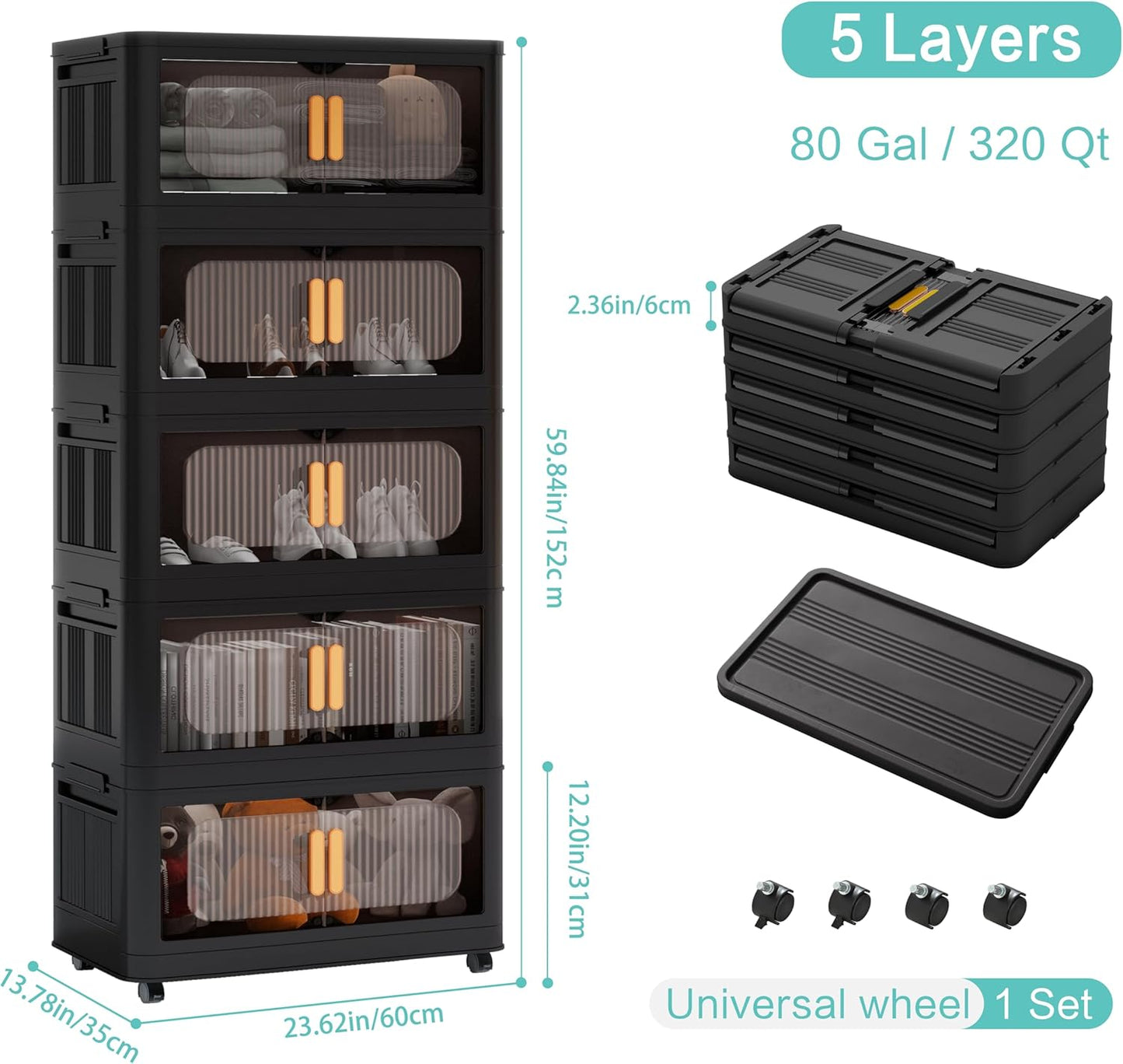 Holaki 320 QT Collapsible Closet Organizers with Lid, Stackable Plastic Storage Bins Cabinet with Wheels and Magnetic Door 5 Pack(Black Larger)