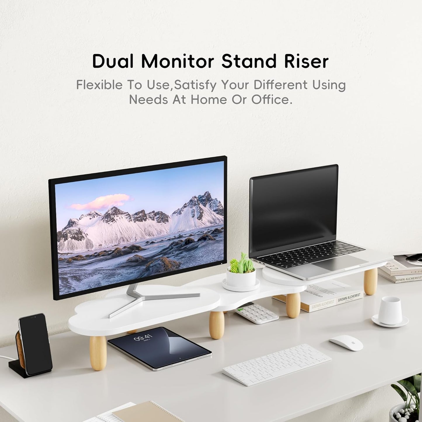 Dual Monitor Stand Riser,Rainbow Cloud Desktop Computer Stand for 2 Monitors,Adjustable Length and Angle Multifunctional Desktop Organizer Stand for Laptop, PC, Computer, Printer,White