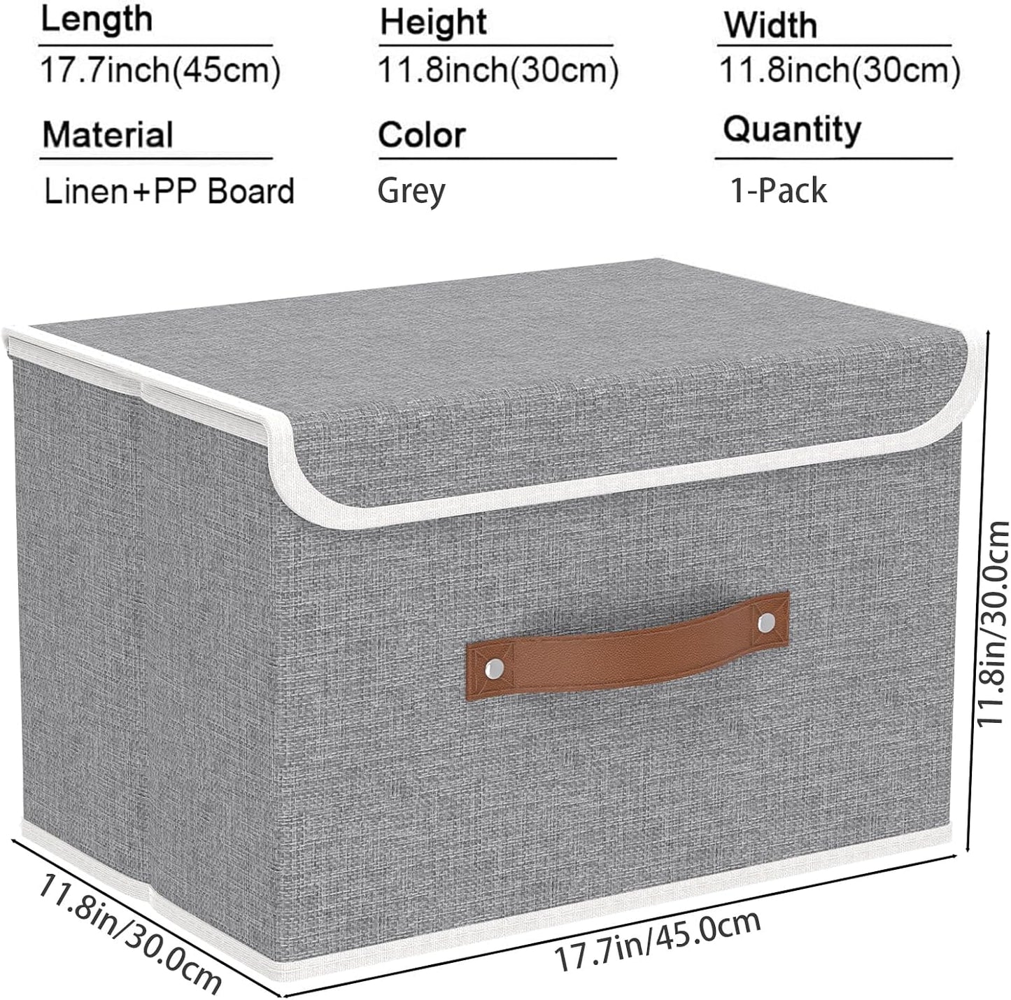 Yawinhe Storage Bins with Lids, Closet Baskets, Washable and Leather Handle, Collapsible Boxes for Home, Grey, 17.7''Lx11.8''Wx11.8''H, 1-Pack, USNK024GX-1