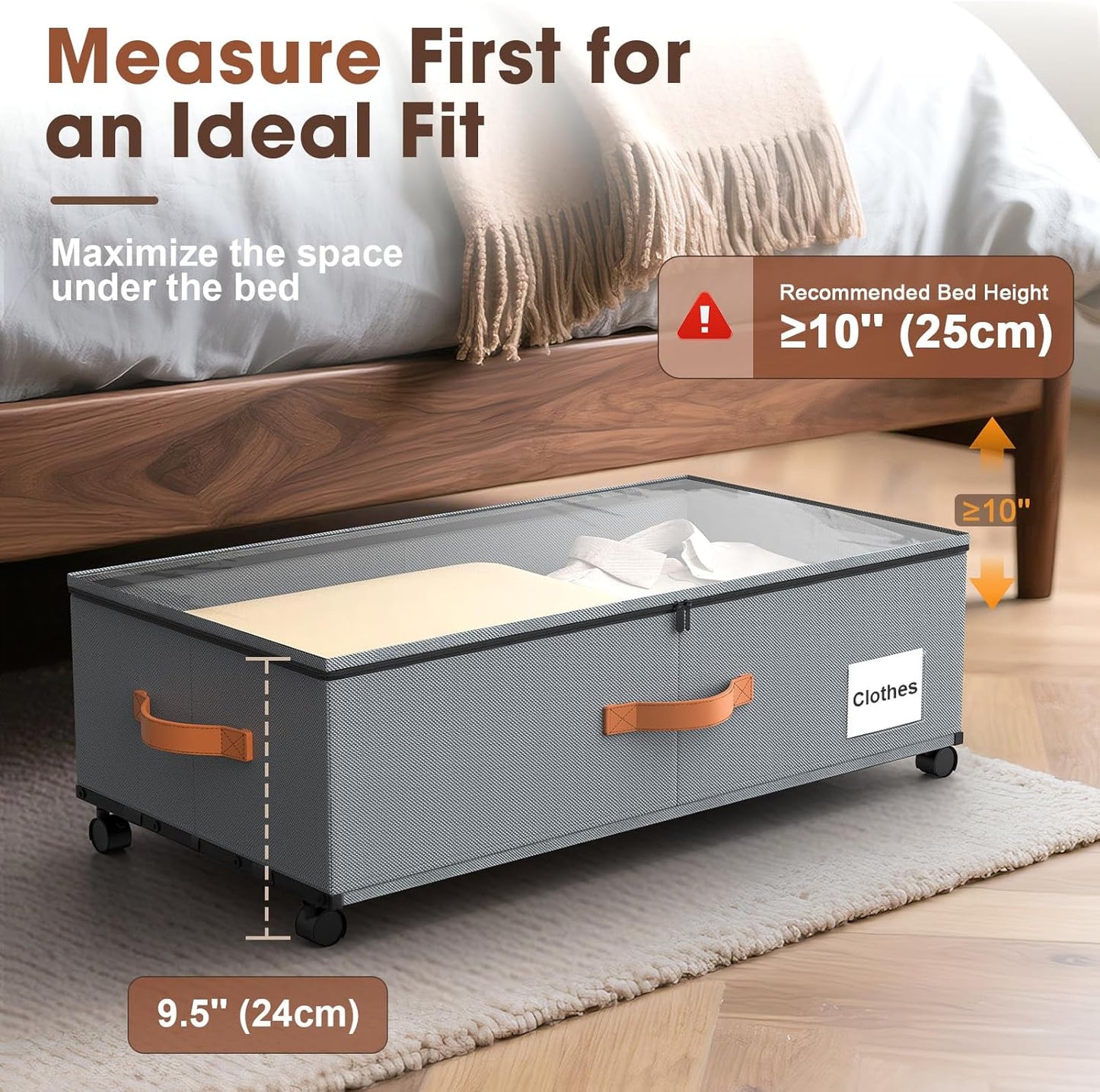 Under Bed Storage Containers with Wheels, 9.5 inches Higher Underbed Shoes Blankets Clothes Toy Storage Drawers for College Dorms Bedrooms Nursery Rooms Organization, 2 Pack to be Assembled