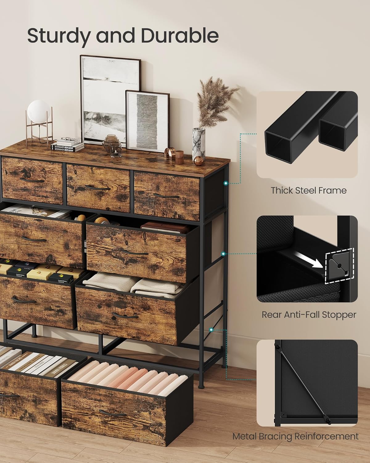 SONGMICS Dresser for Bedroom, Chest of Drawers, Steel, MDF, 9 Non-Woven Fabric Drawers, Storage Organizer Unit, Closet, Entryway, Rustic Brown and Ink Black LGS324B02S