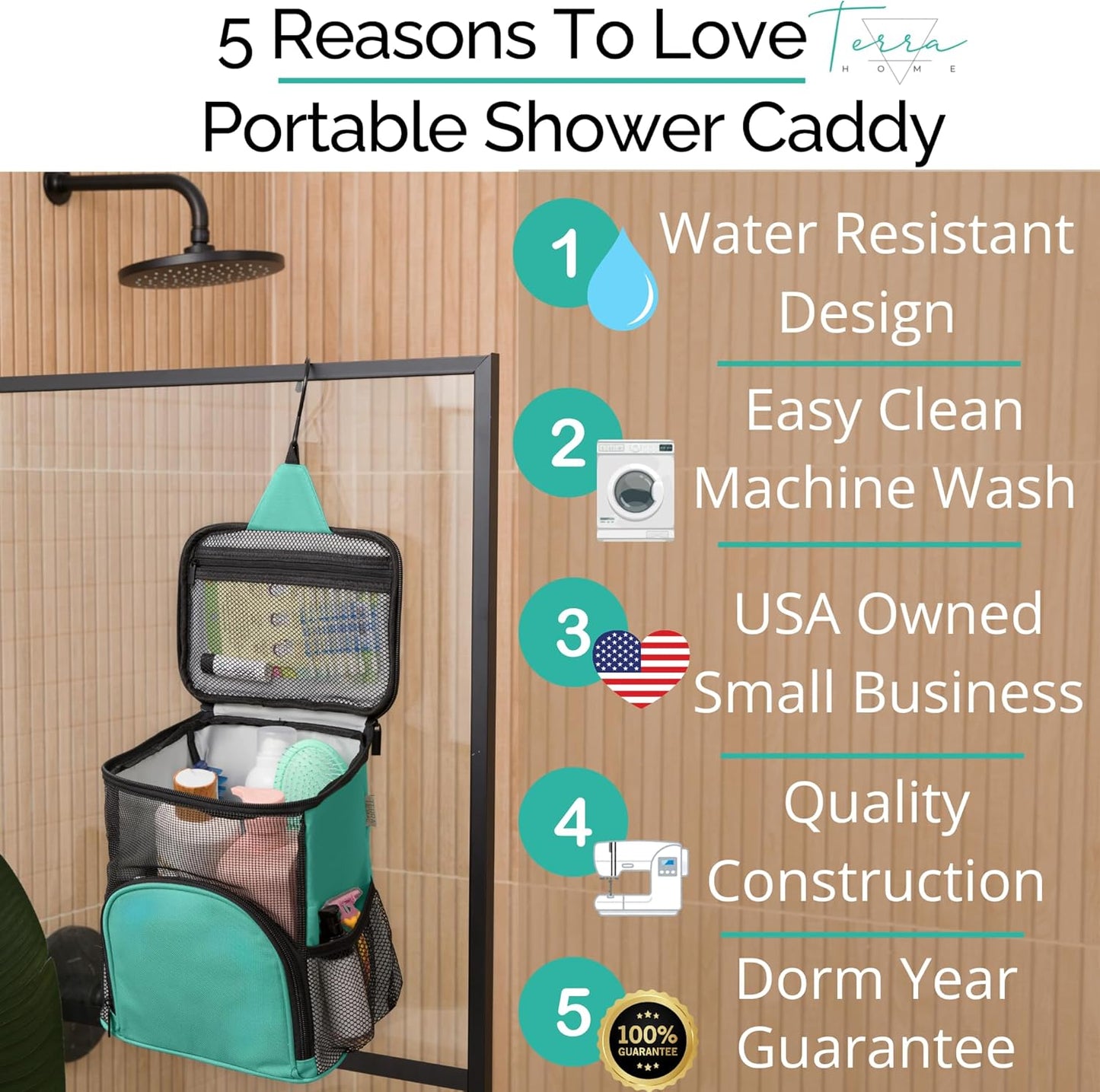 Original Shower Caddy For College Dorms- Travel Shower Caddy - Dorm Organizer Bag - Large Capacity, Quick Dry and Water Resistant with Metal Hook - Portable and Foldable Bag for Gym and Travel (Aqua)