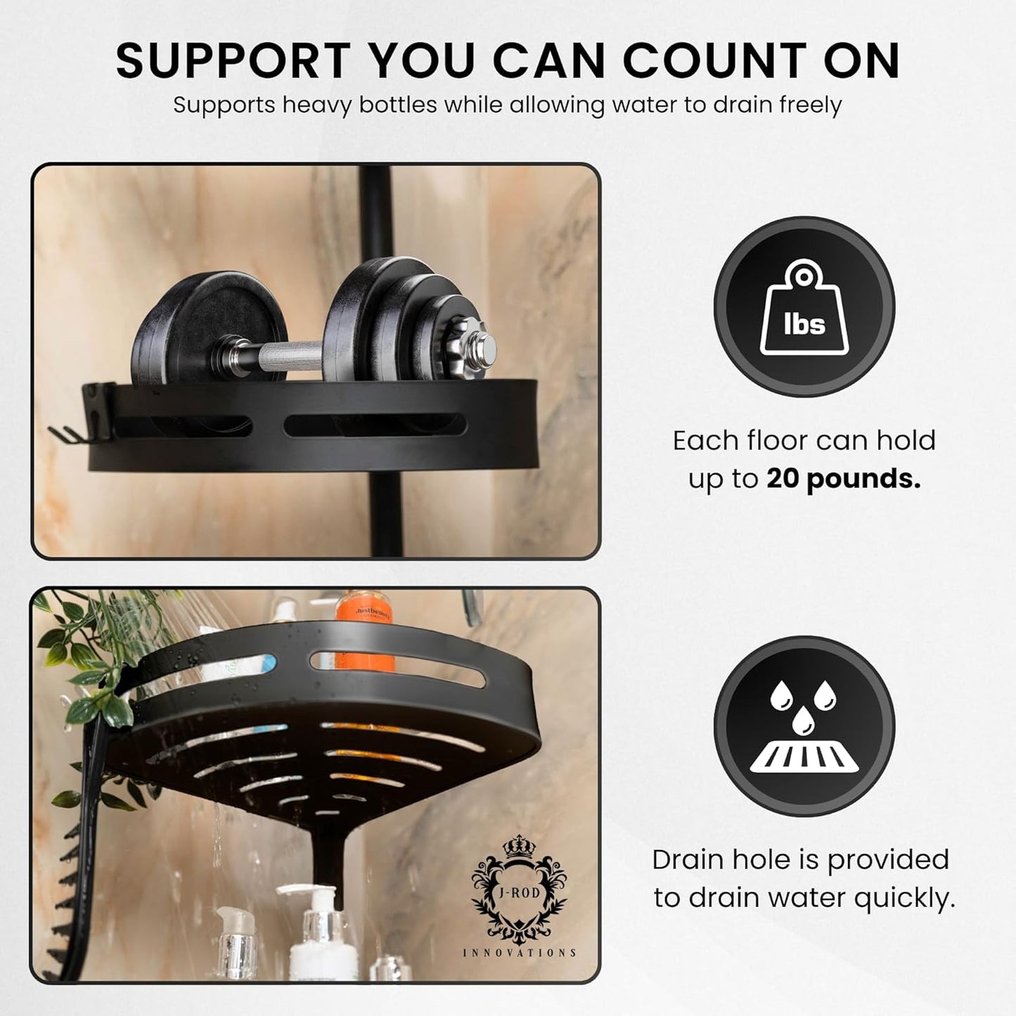 Rustproof Corner Shower Caddy-Tension Pole-LUXURY Model-4 Adjustable Baskets Bath Tub Corner Shower Caddy fits up to 114" ceiling,Bathroom Organizer with Towel Bar, Hooks & Soap Dish (Black)