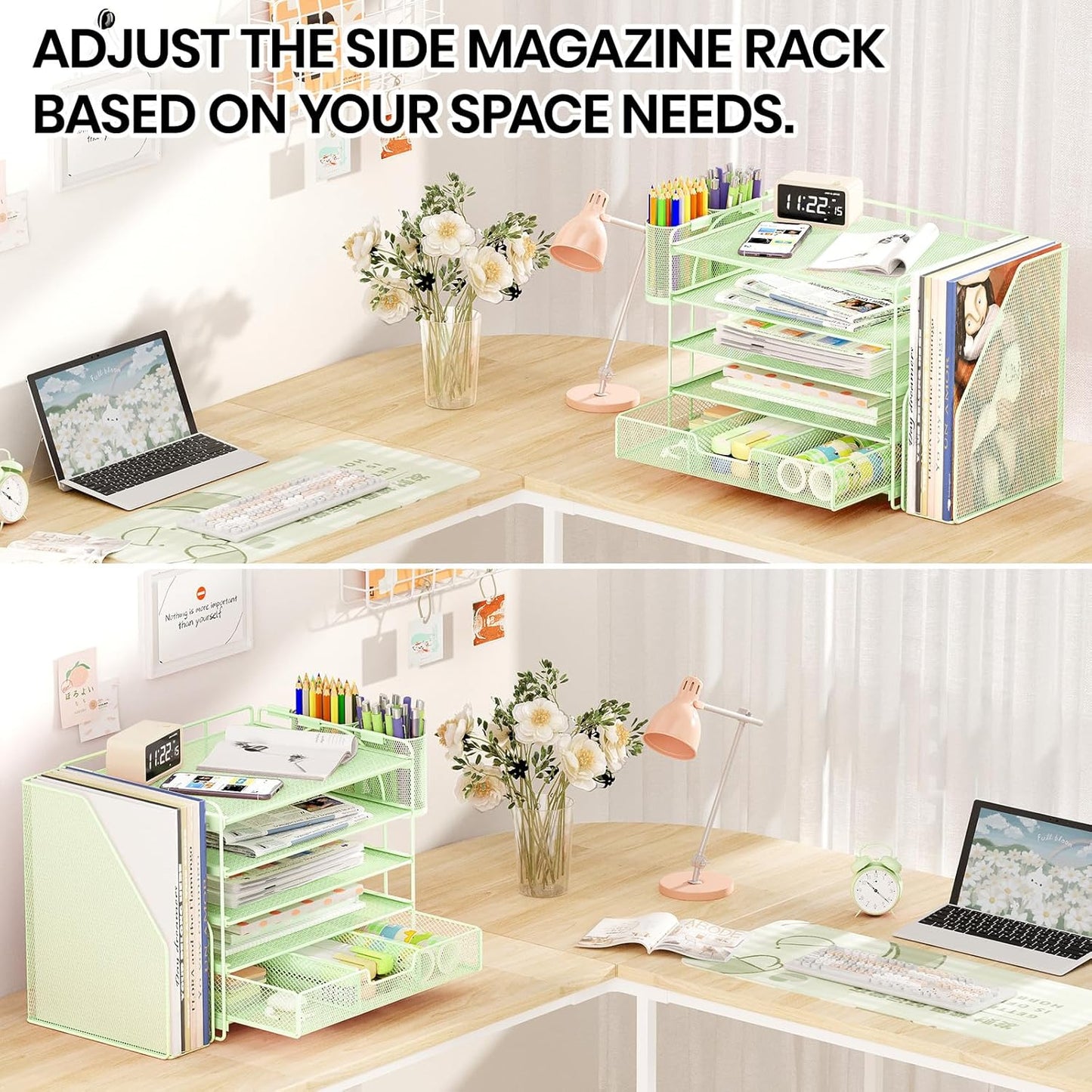 Desk Organizers and Accessories with File Holder, 5-Tier Office Desk Accessories & Workspace Desktop Organizer with Drawer and 2 Pen Holder, File Paper Organizer for Office Supplies(Green)