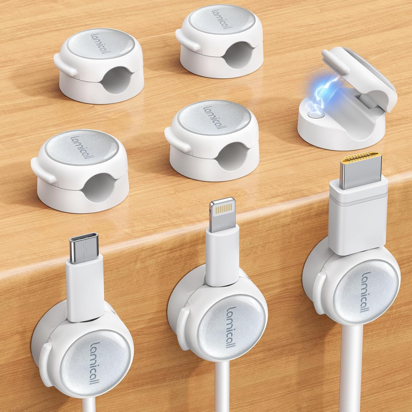 Magnetic Cable Clips Cord Organizer - Lamicall 8Pack [Crystal-Clear & Silver Shine] Cable Management Holder for Phone Charging Cord, Strong Adhesive for Nightstand, Home Office Desk Decor Accessories