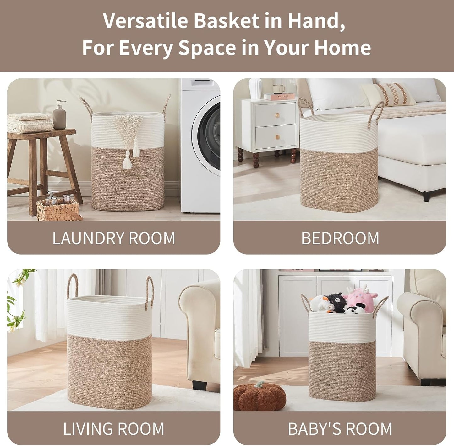 Laundry Basket with Handles - Blanket Basket & Hampers for Bedroom Aesthetic, Laundry Hamper & Blanket Storage for Living Room, Clothes Hamper, Tall, Large 17" x 14" x 26”, White & Rice Brown