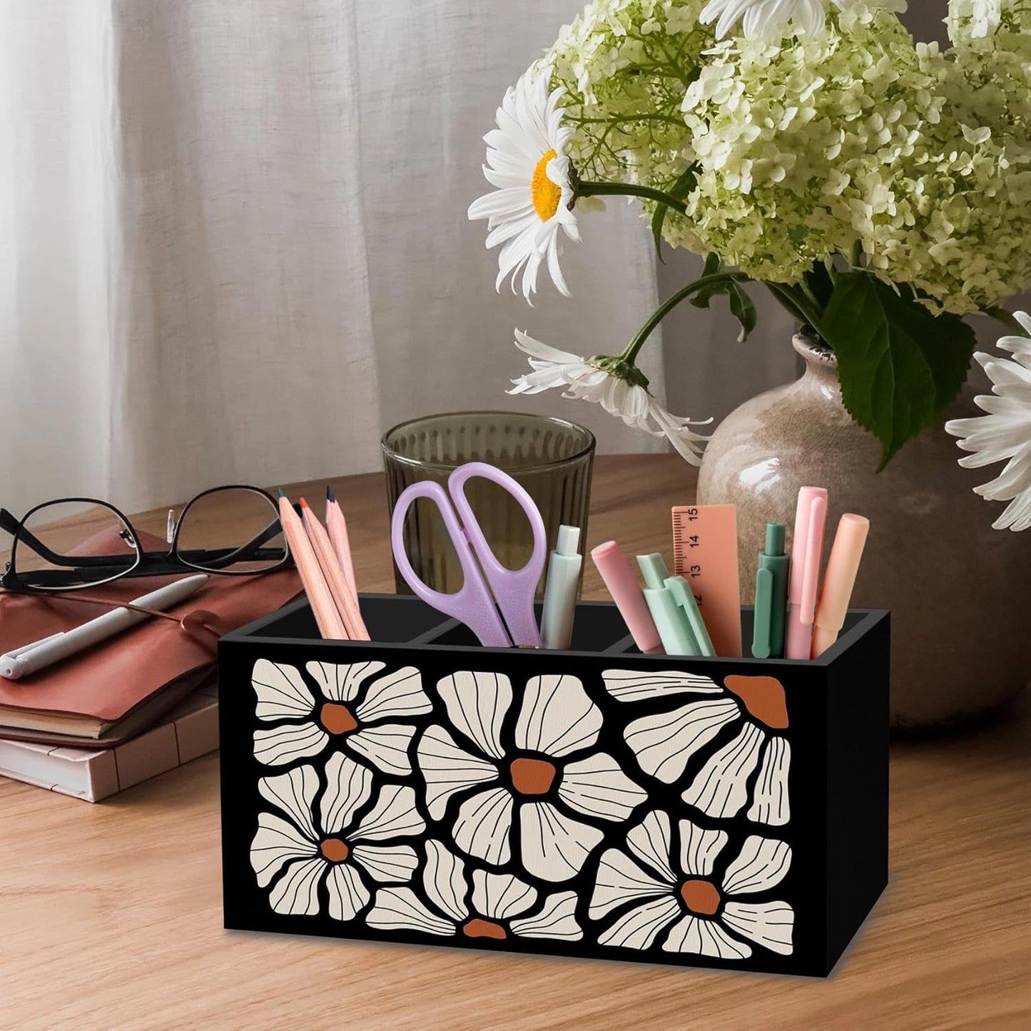 DILSJ Boho Abstract Floral Pen Pencil Holder Organizer for Desk, Boho Office Decor, Black and Beige Abstract Flower Wooden Box Signs for Home Office Desk Tabletop Decoration