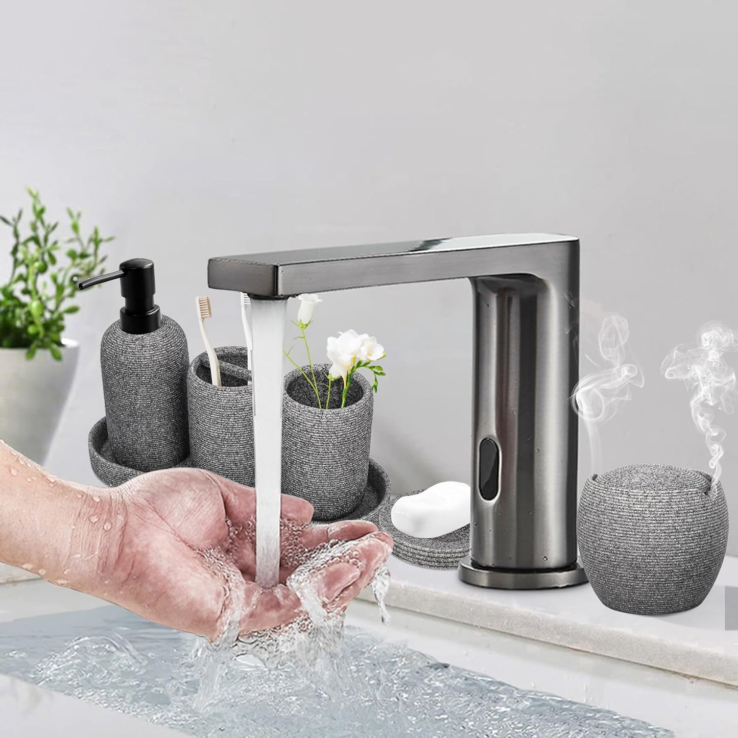 Bathroom Accessory Set - 6PCS Bathroom Accessories Set: Soap Dish, Lotion Dispenser, Toothbrush Holder, Toothbrush Cup, Vantiy Tray, Qtip Holder, Aesthetic Decor Bathroom Sets