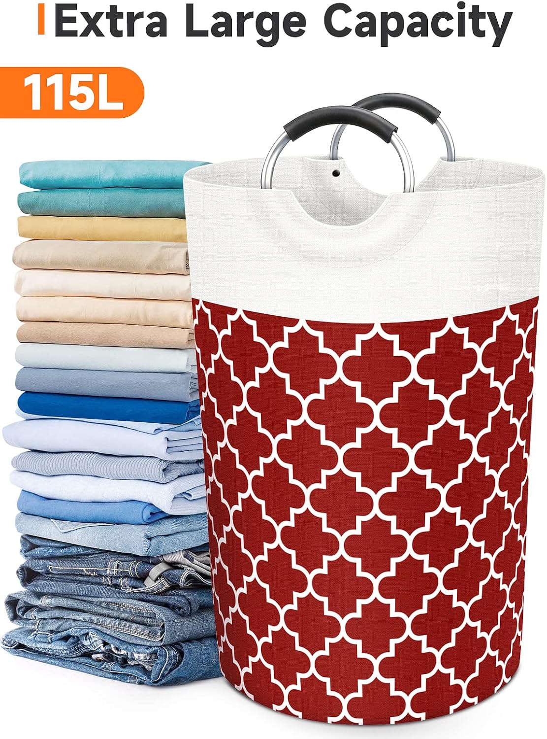Large Laundry Basket Laundry Hamper Bag Washing Bin Clothes Bag Collapsible Tall with Handles Waterproof Travel Bathroom College Essentials Storage for College Dorm, Family, 115L (Red)