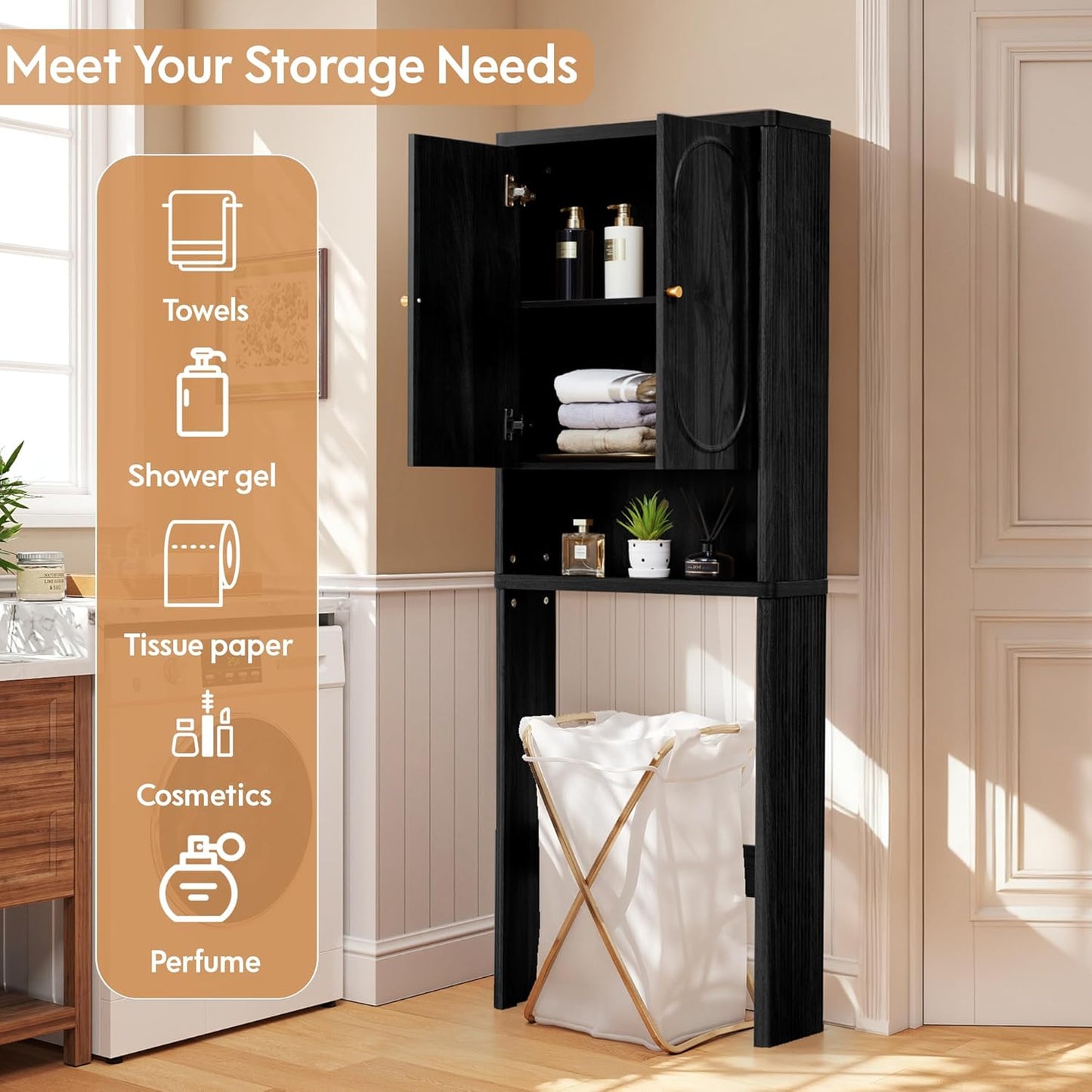 Fluted Over The Toilet Storage Cabinet, Bathroom Toilet Storage Cabinet with Door, Wood Curved Over The Toilet Space Saver Cabinets for Restroom Bathroom, Black