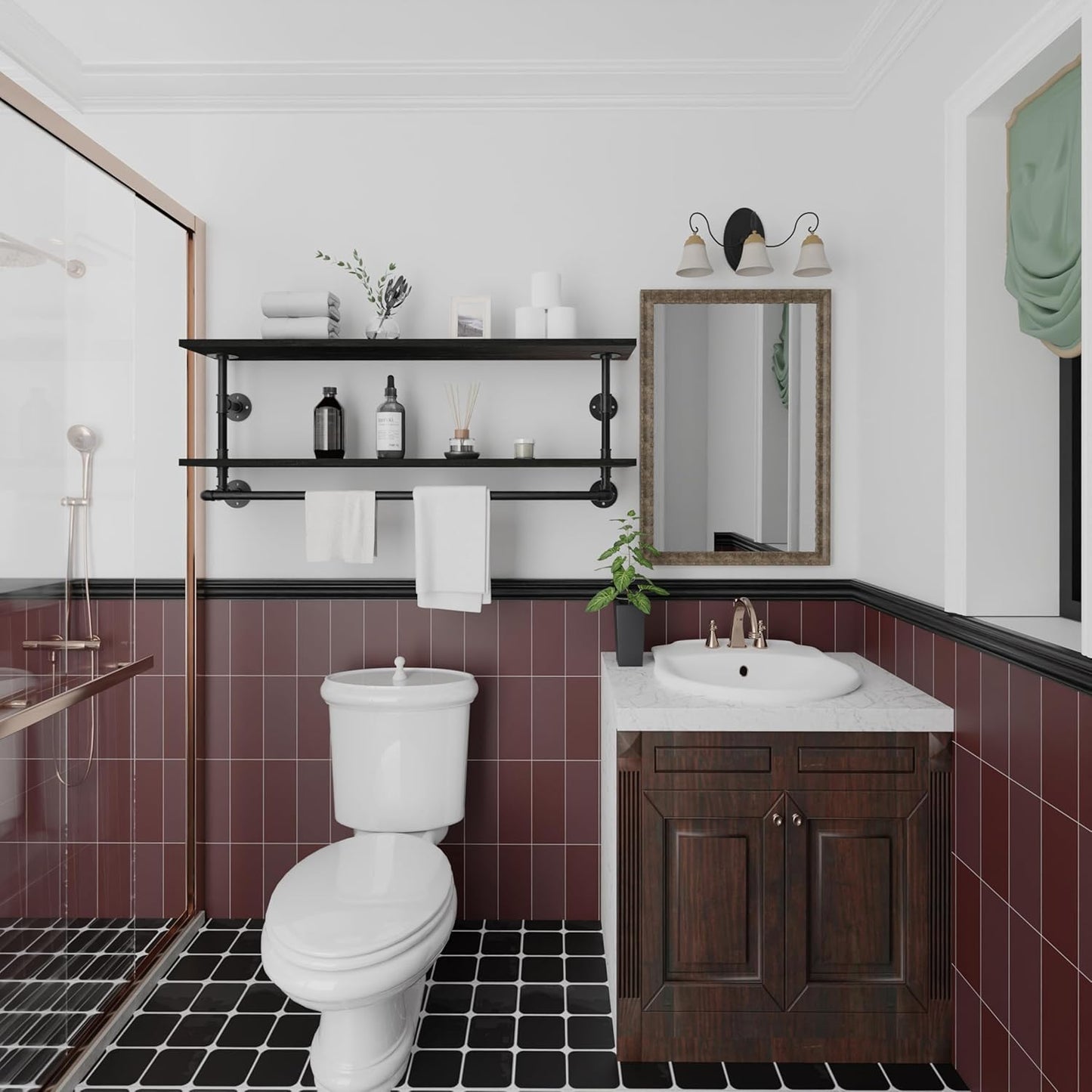 Black Clothes Rack 48in, 2-Tier Wall Mounted Garment Rack with Real Wood Shelf, Heavy Duty Hanging Clothes Rack, Multi-Purpose Hanging Rod, Space-Saving Closet Storage