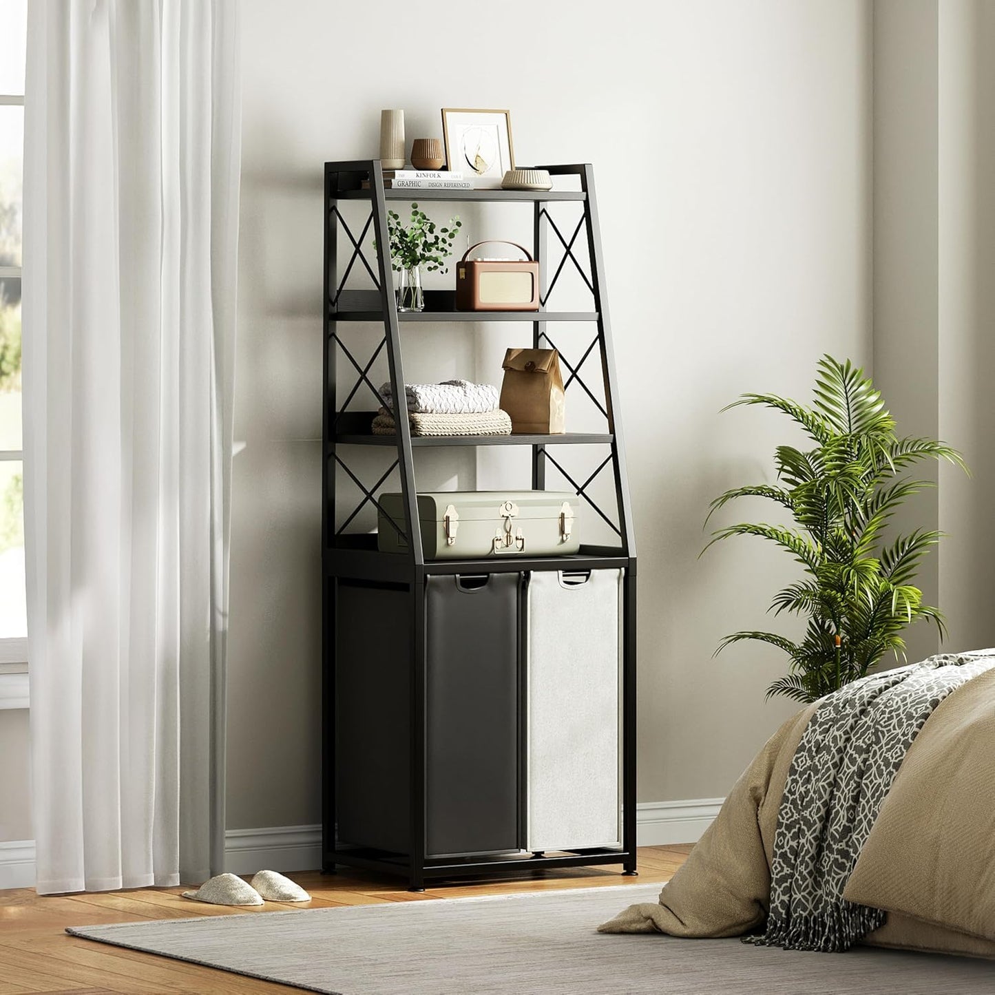 Laundry Basket, 2 Section Laundry Hamper with 4 Tiers Shelf, Pull-Out and Removable Laundry Bags, Large 2 x 15.87 Gallons, for Bedroom Bathroom Black PF11XLK