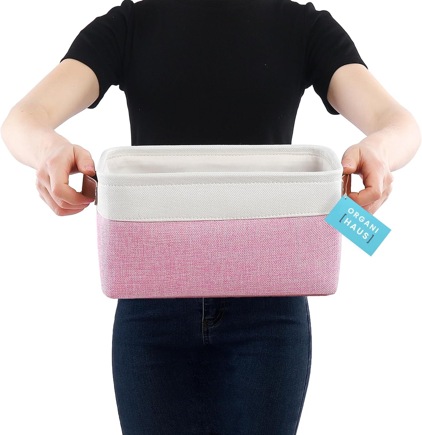 OrganiHaus Small Fabric Storage Baskets for Shelves 3 Pack, 12x08in Closet Storage Bins for Shelves, Canvas Baskets for Organizing, Linen Closet Organizers, Cloth Basket, Pink/Off-White
