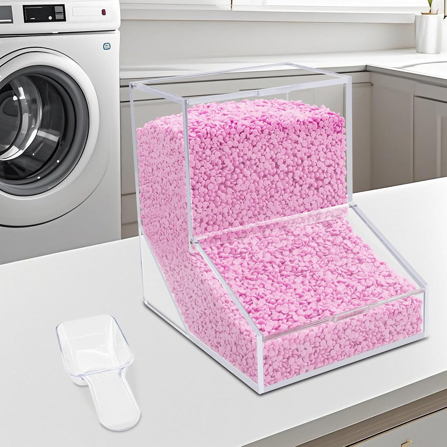 Laundry Detergent Container with 1 Spoon, Laundry Detergent Dispenser with 2 Lids, Acrylic Storage Containers for Laundry Room Organization, Suitable for Stain Remover Powder, Beads, White, 1 Pack