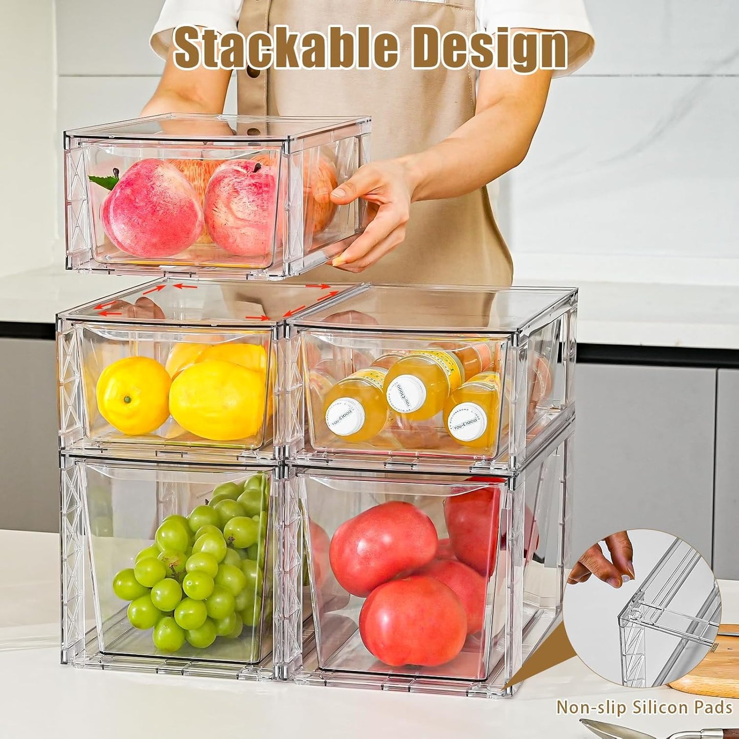 6Pack Stackable Kitchen Storage Organizer, Pantry Organizers and Storage, Clear Foods Organizer Bins with Handles, Easily Assemble for Bathroom, Kitchen, Pantry, Cabinet, Closet