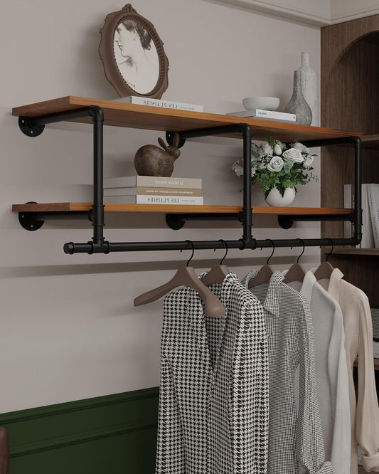 Wall Mounted Clothes Rack 12 Inch Deep, 48 Inch Heavy Duty Garment Rack with Real Brown Wood Shelf, Multi-Purpose Hanging Rod & Space-Saving Closet Storage Organizer