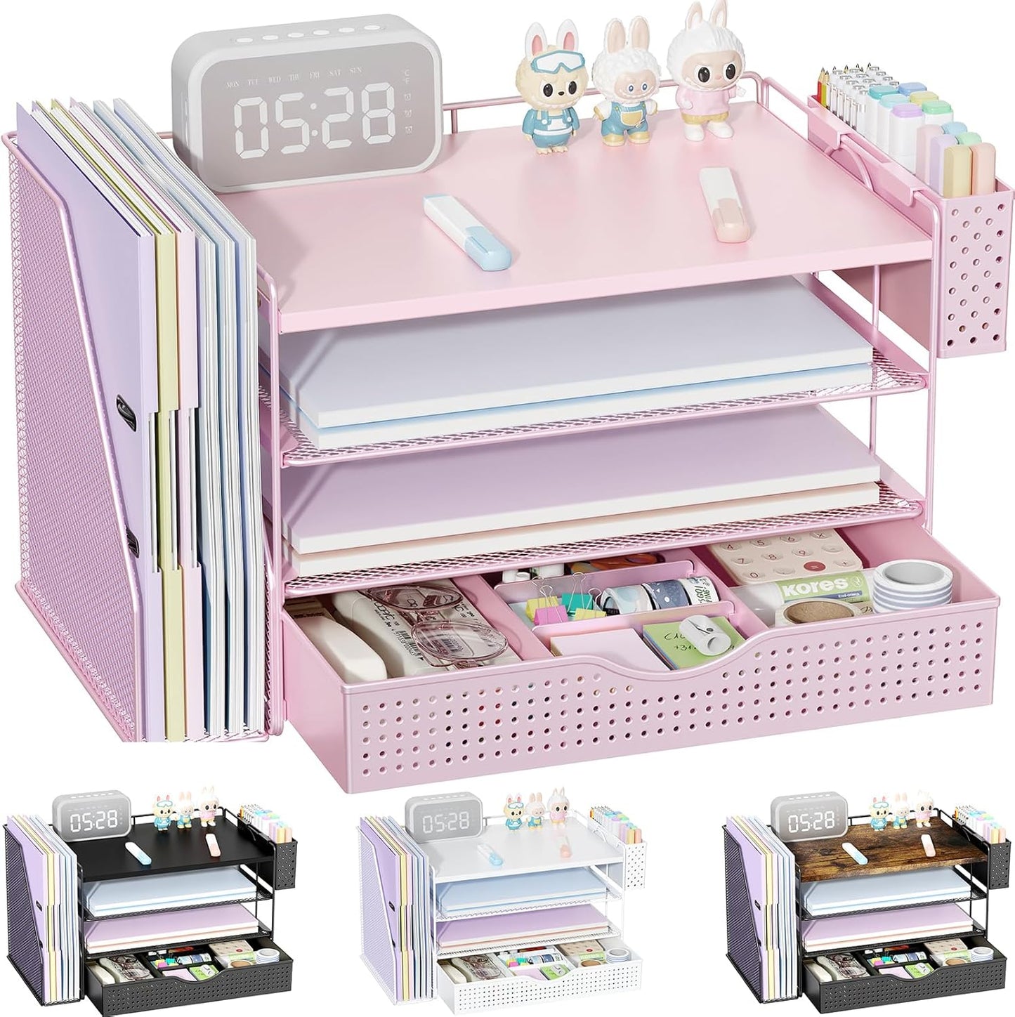 gianotter Wood Desk Organizers and Accessories with File Holder, 4-Tier Desk Accessories & Workspace Organizers with Drawer and Pen Holder, Paper Organizer for Office Supplies (Pink)
