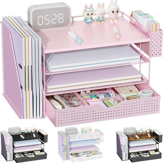 gianotter Wood Desk Organizers and Accessories with File Holder, 4-Tier Desk Accessories & Workspace Organizers with Drawer and Pen Holder, Paper Organizer for Office Supplies (Pink)
