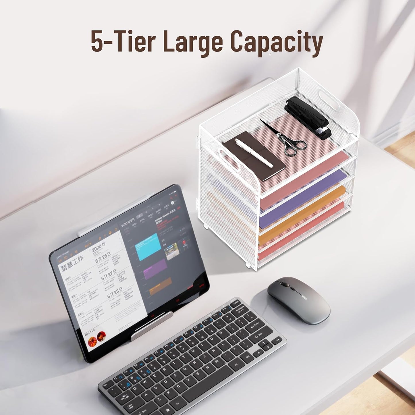 Supeasy 5 Trays Paper Organizer Letter Tray with Handle-Mesh Desk File Organizer, Paper Sorter Desk Organizer for Office, Home or School