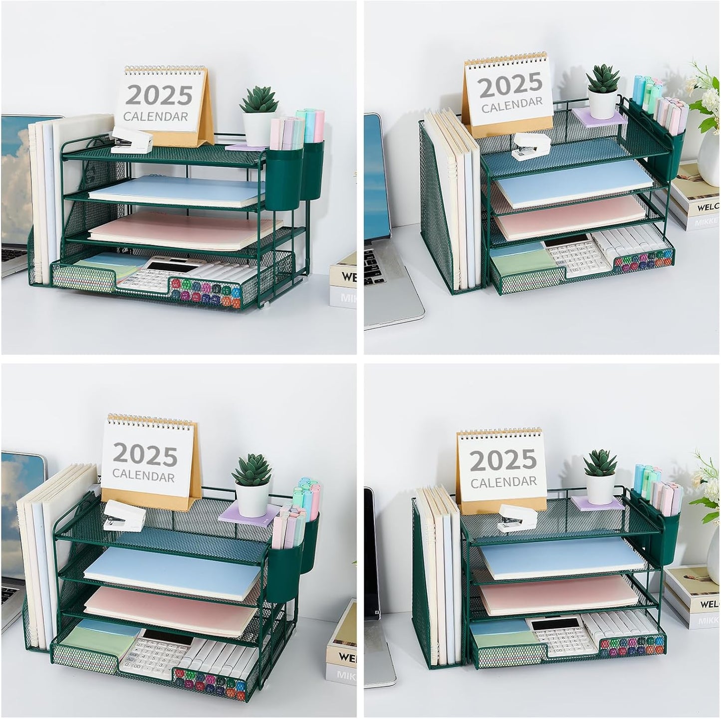Desk Organizer and Accessories, 4-Tier Desktop File Organizer with Drawer and 2 Pen Holders, Office Desk Accessories, File Sorters, Workspace Organizers for Office Supplies(Dark Green)