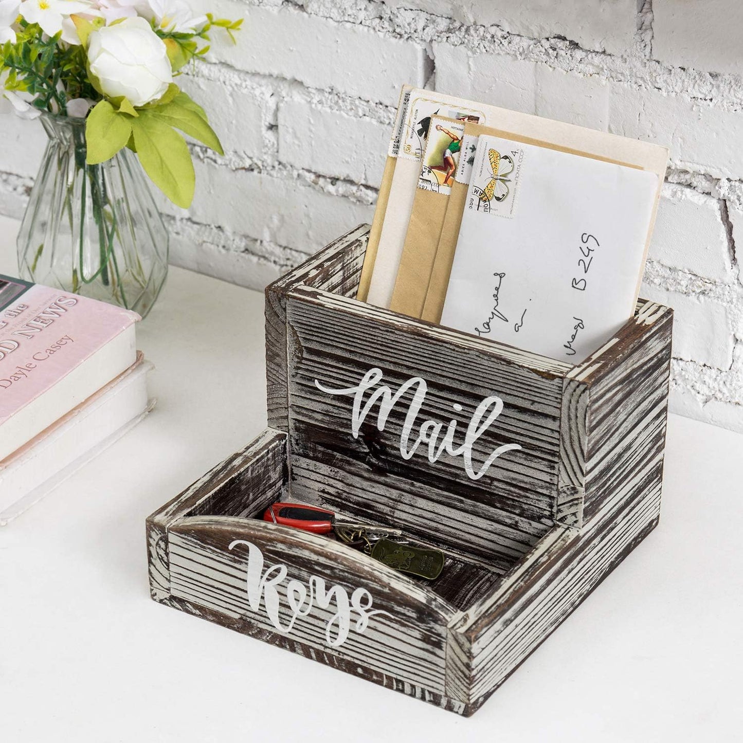 MyGift Rustic Torched Wood Mail Holder and Key Organizer Entryway Storage Tray with Cursive Mail and Keys Word Design, Office, Dorm, Classroom Desktop Organizing Bin