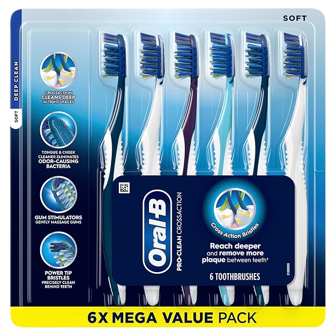 Oral-B Pro Health CrossAction Plaque Removal toothbrushes, 6 Count Toothbrush Soft, Deep Reach in Tight Spaces, Tongue Scraper Tooth Brush, Plaque Fighter, Gentle on Teeth, Gum stimulators