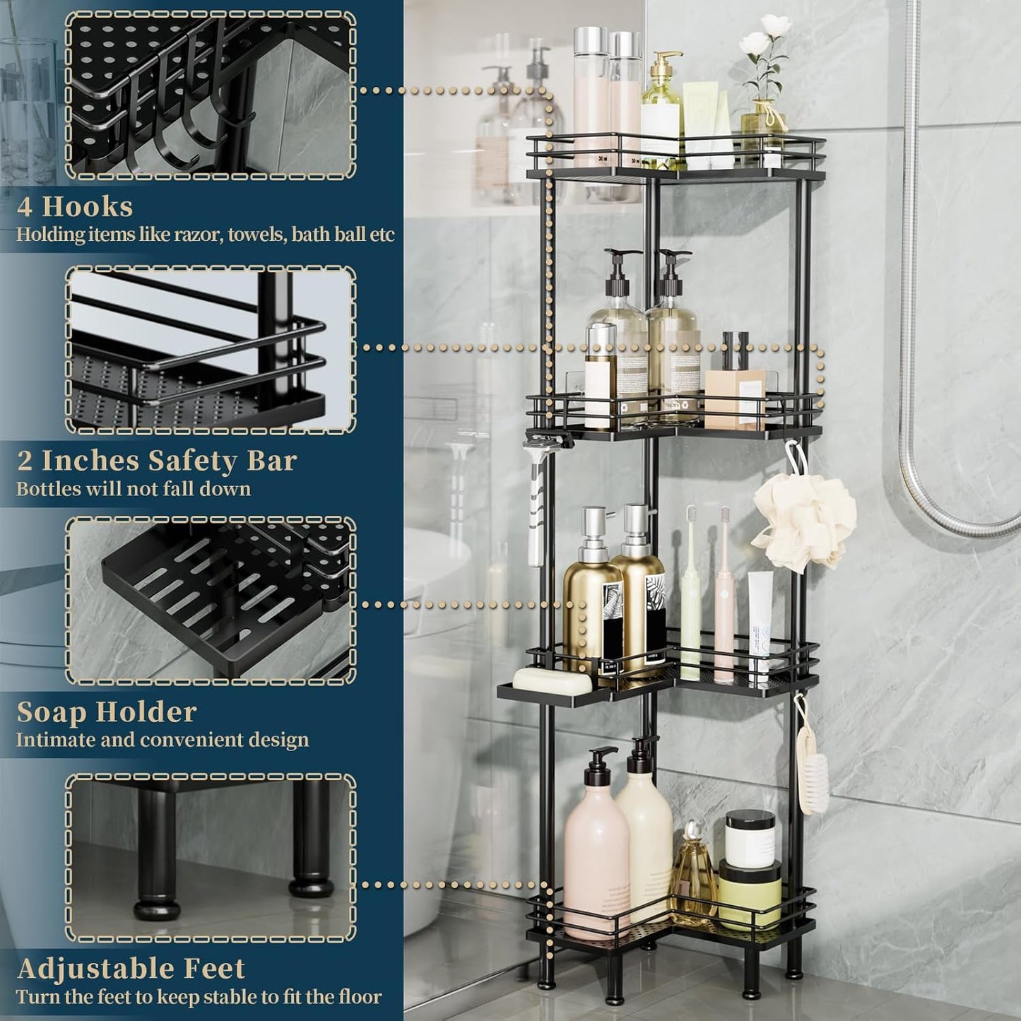 Consumest Corner Shower Caddy Standing - 4-Tier Stainless Steel Shower Organizer with Soap Holder and 4 Hooks, Large Capacity Corner Shelf Stand for Bathroom, Rest Room, Black