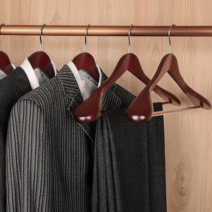 TOPIA HANGER Wide Shoulder Wooden Hangers, Suit Hangers with Non Slip Pants Bar & 360° Swivel Hook, Solid Wood Heavy Duty Coat Hanger, 6 Pack (Matte Cherry)-CT02C
