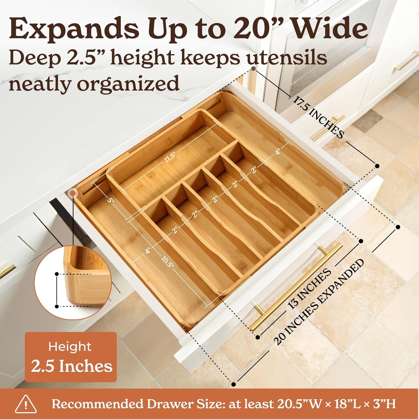 SMIRLY Silverware Drawer Organizer – Bamboo Kitchen Drawer Organizer, Adjustable Utensil Holder and Cutlery Tray, Drawer Dividers for Flatware and Kitchen Utensils