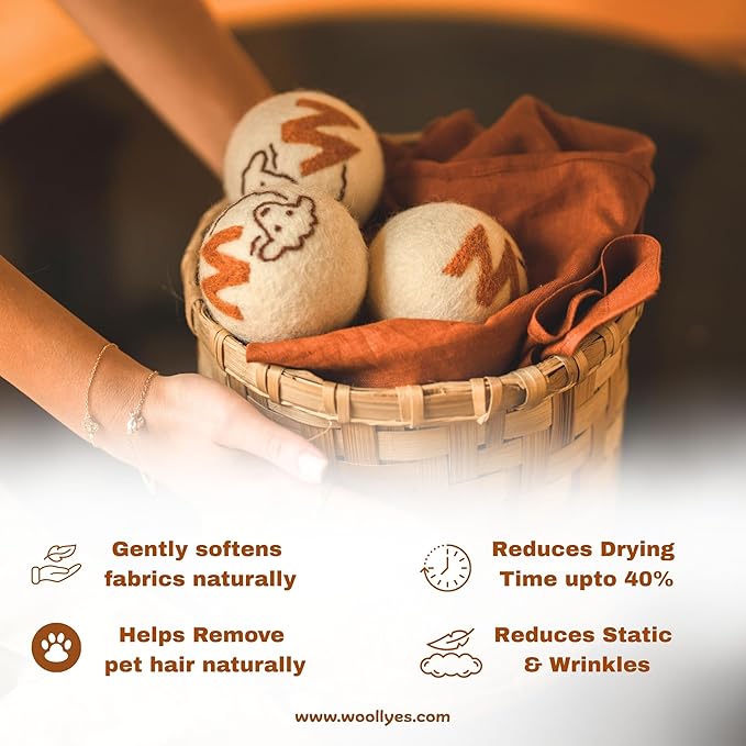 Woolly’s Wool Dryer Balls (Pack Of 3) | 100% Pure New Zealand Wool | Reduces Drying Time up to 40% | Chemical-Free Fabric Softener