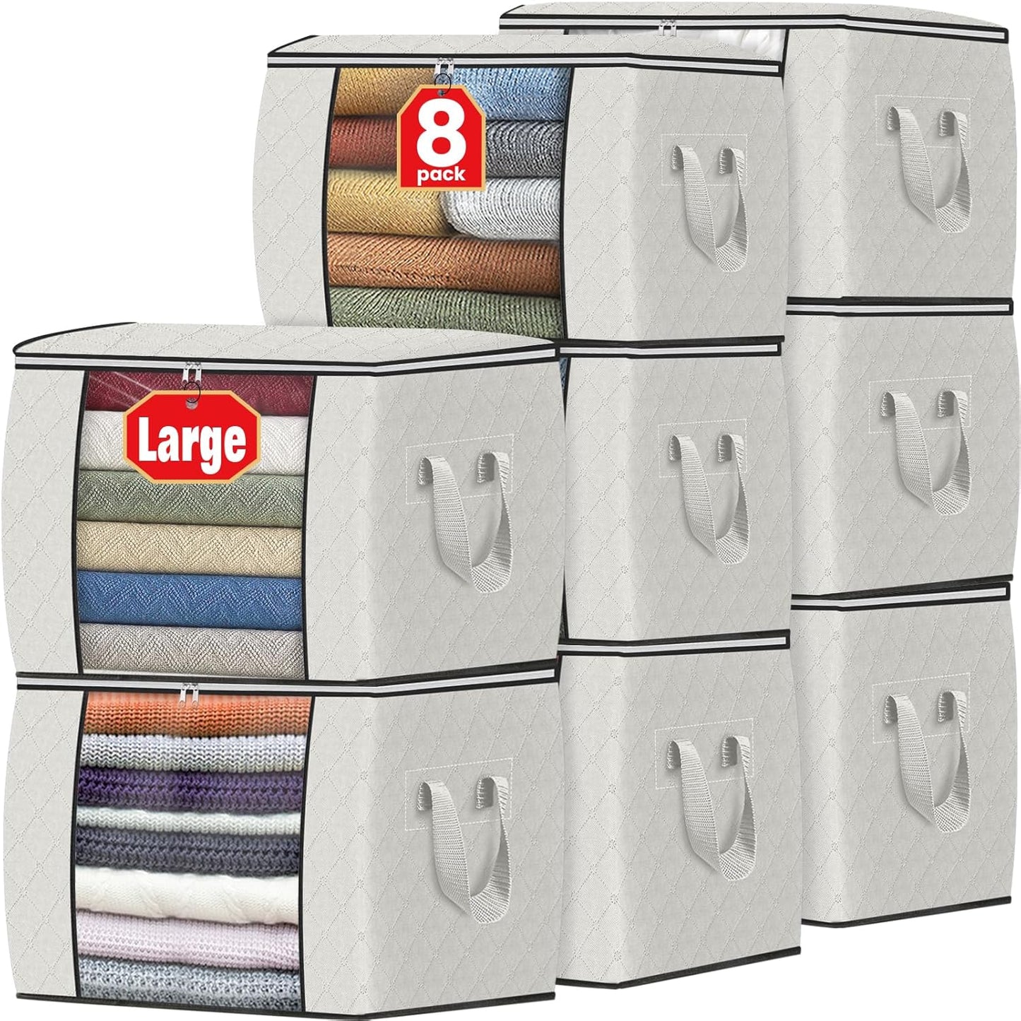 Fab totes 24 Gallons Clothes Storage, Foldable Thick Fabric Blanket Storage Bags, Containers for Organizing Bedroom, Closet, Clothing, Comforter, Organization with Handle (10 Pack,Ivory)