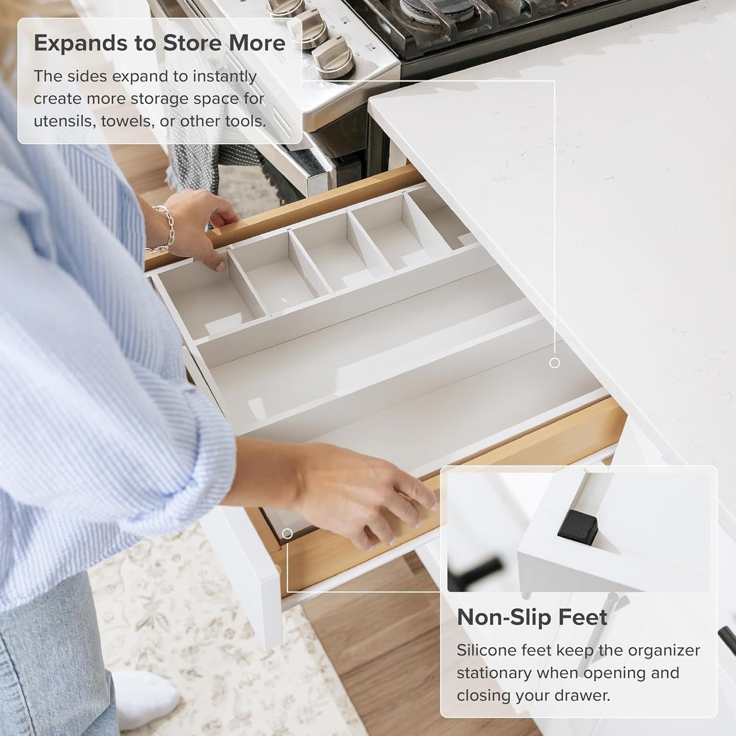 KitchenEdge Adjustable Kitchen Drawer Organizer for Utensils and Junk, Food-Safe Contract Grade with 100% Sustainable Wood, Expandable from 10.5 to 19 Inches Wide - White Bamboo