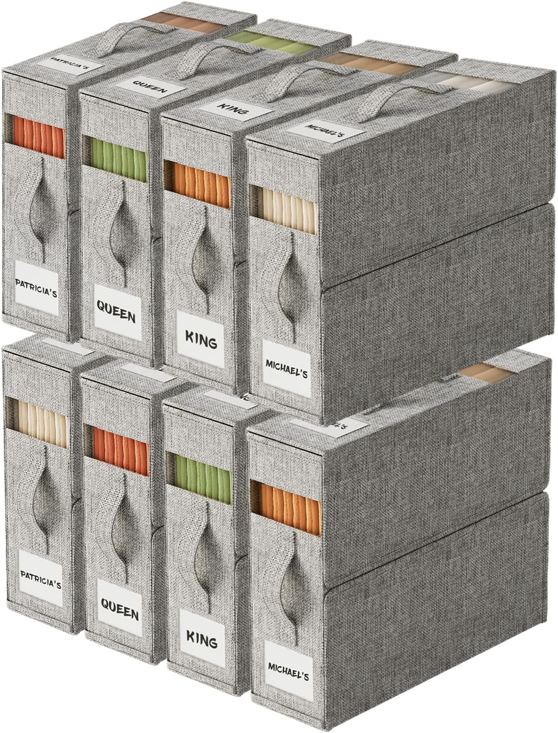 8Pack Sheet Organizers and Storage with Handles – Foldable Linen Closet Storage for King & Queen Sheet Sets – Clear Window & Removable Labels – Dustproof & Space-Saving Design, 8Pack, Grey