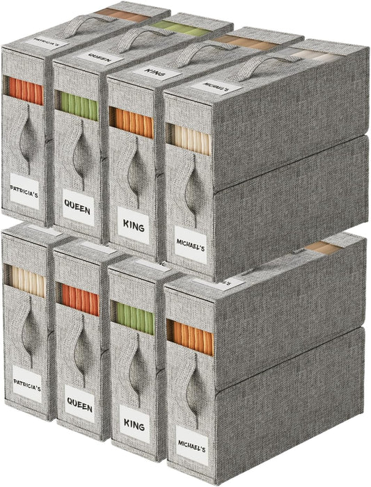 8Pack Sheet Organizers and Storage with Handles – Foldable Linen Closet Storage for King & Queen Sheet Sets – Clear Window & Removable Labels – Dustproof & Space-Saving Design, 8Pack, Grey