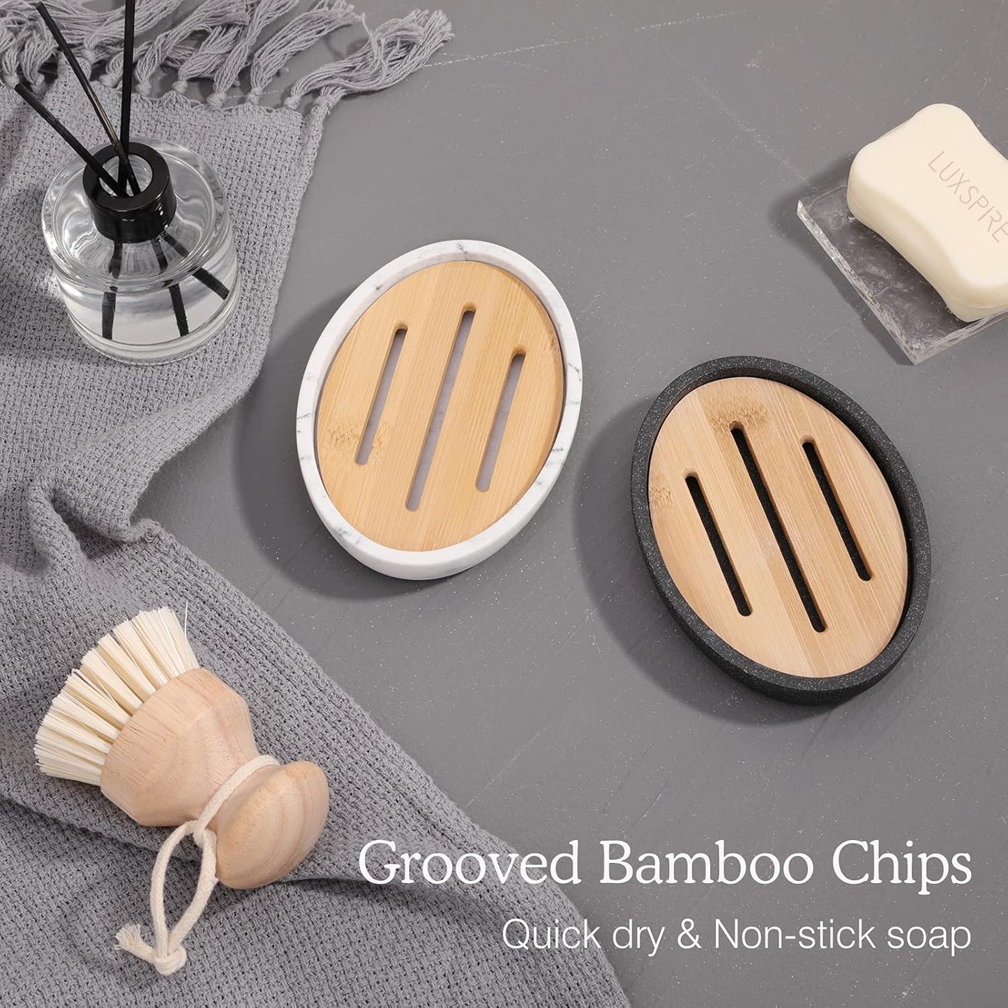 Luxspire Bamboo Soap Dish, Resin Soap Holder with Drainage, Oval Wooden Soap Dish for Shower, Bathroom, Sink, Kitchen and Countertop, Gravel White