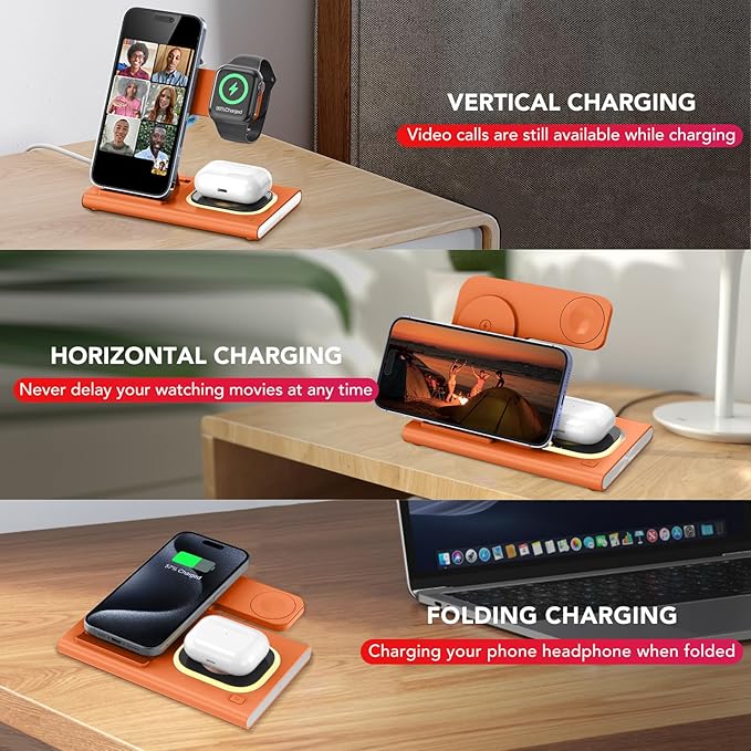 3 in 1 Charging Station for iPhone 17 - Wireless Charger for Apple Products for iPhone 17 16 15 14 13 12 11 Pro Max - Foldable Wireless Charging Station Dock Stand for iWatch Series & AirPods(Orange)